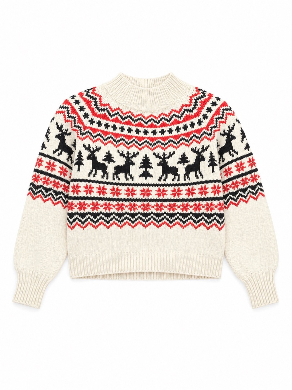H & M Women's Cream Fair Isle Mock Neck Sweater with Red & Black Pattern Medium